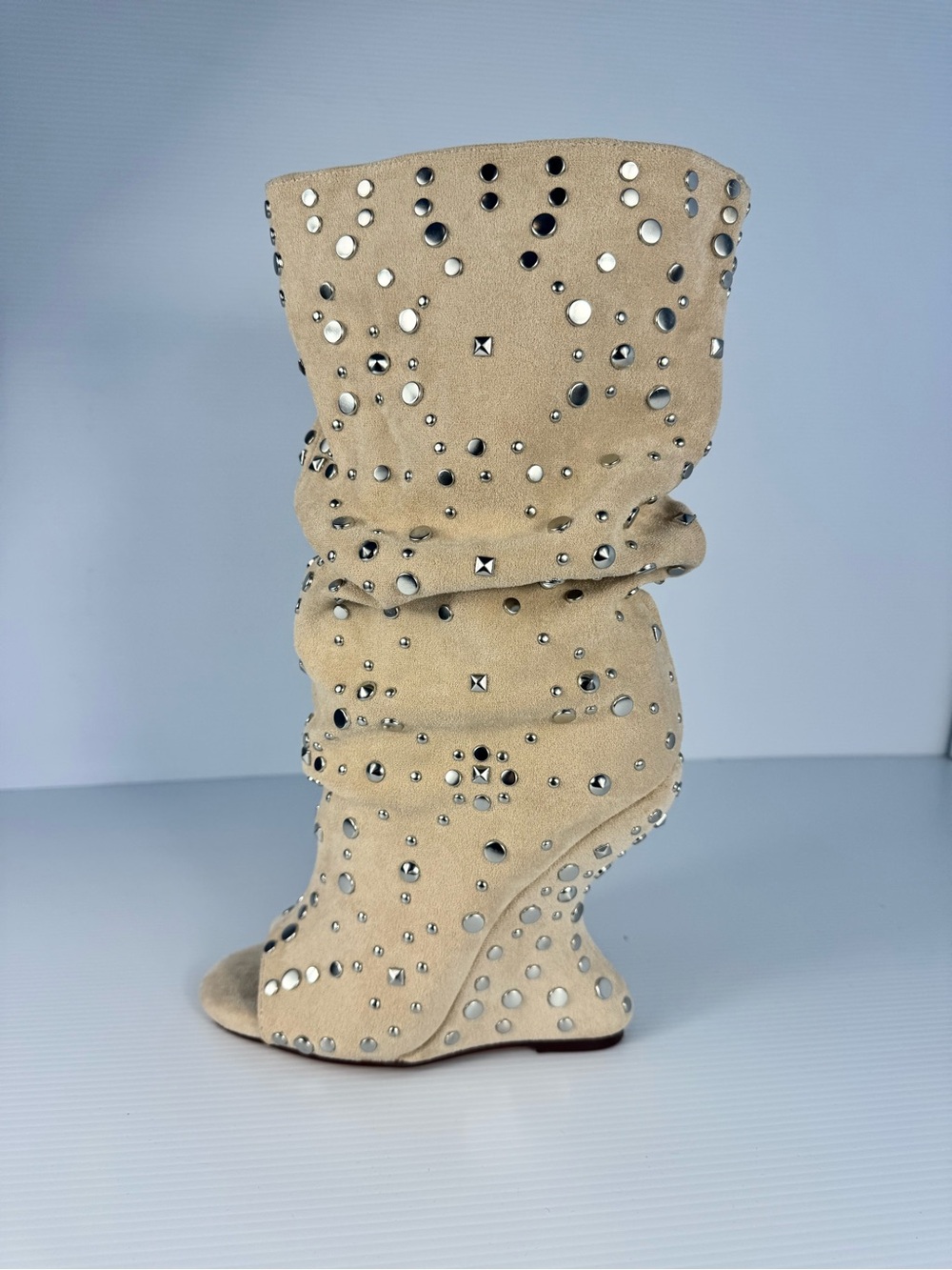 Azalea Wang Naomani Beige Studded Open-Toe Slouch Wedge Boot - Picture 2 of 5